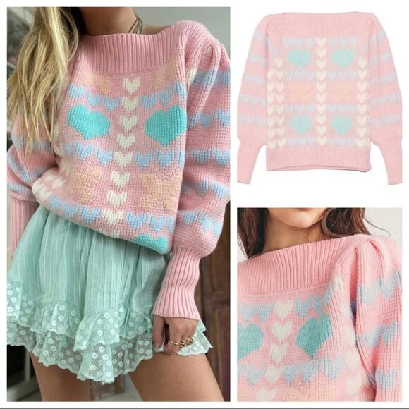 LoveShackFancy Gizela Pullover Sweater Size M In Fairy Forest Multi Hearts Print - Picture 2 of 16